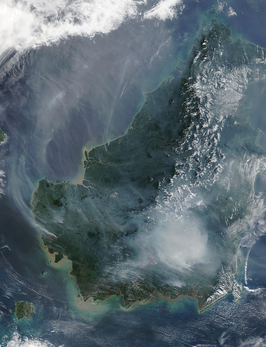 bird's eye view of islad, Borneo, Forest Fire, Satellite Image