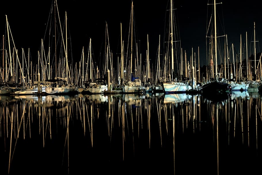 reflection, dark, night, sea, water, lights, no people, waterfront HD wallpaper