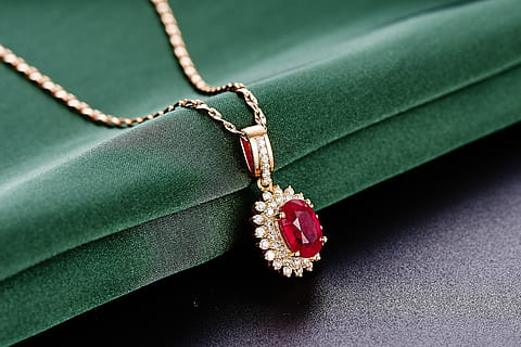 round silver-colored red gemstone pendant necklace, jewelry HD wallpaper