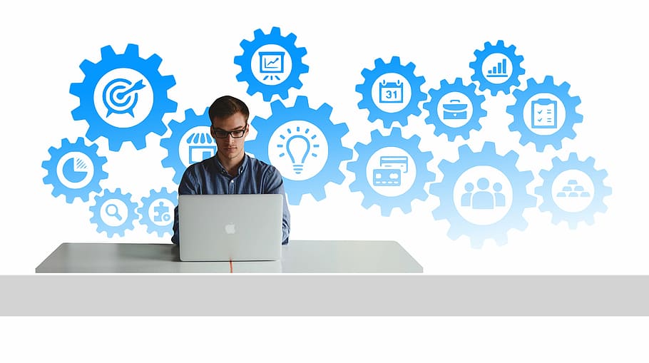 man using laptop with bright ideas illustration, entrepreneur, HD wallpaper