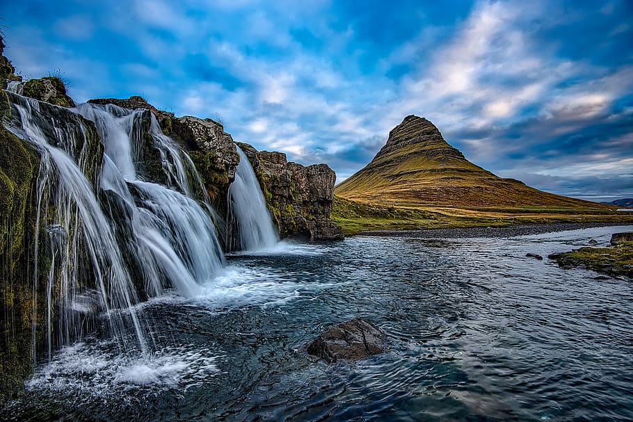 landscape photography of waterfalls and green mountain, iceland HD wallpaper