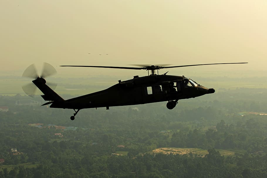 Green Leaved Trees Under Black Helicopter, aircraft, avaition HD wallpaper