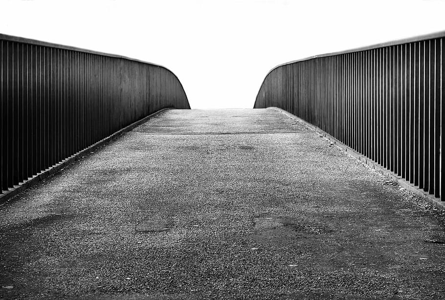 grayscale photo of bridge, away, railing, black white, walk HD wallpaper