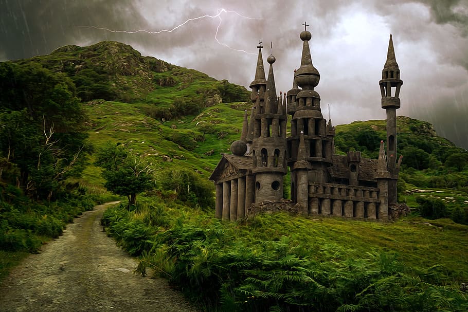 gray castle on green grass field under cloudy sky, fantasy, landscape