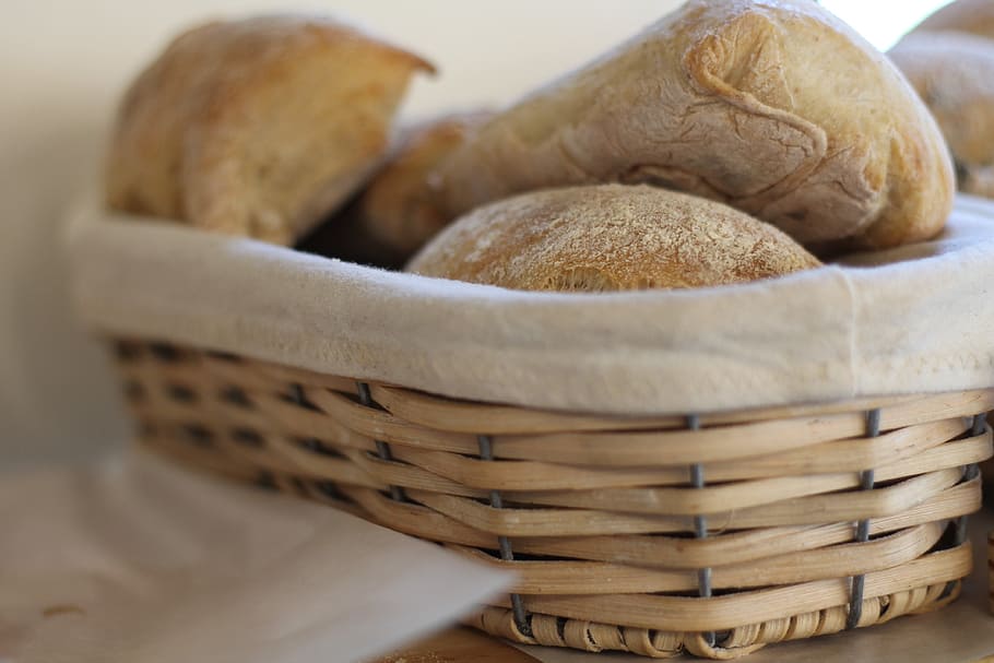 food, bread, basket, rye, rolls, container, food and drink HD wallpaper