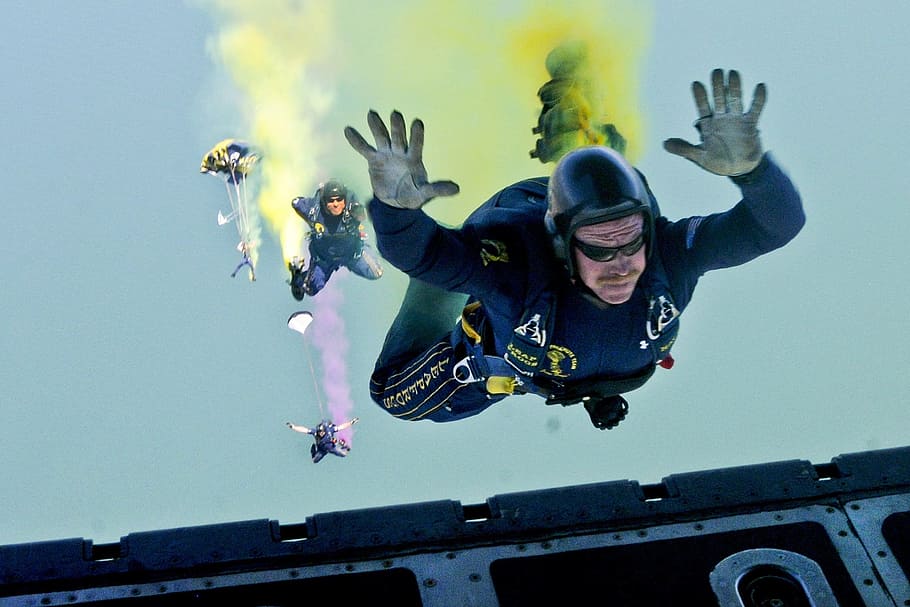 male character illustration, Skydiving, Jump, Falling, Parachuting HD wallpaper