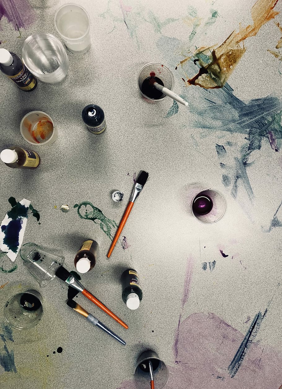 paint brush beside cup, untitled, art, craft, spill, high angle view HD wallpaper