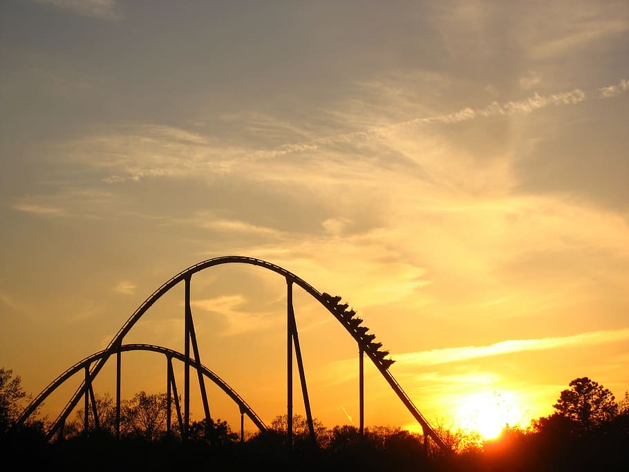 roller coaster over tree, sunset, ride, silhouette, rollercoaster