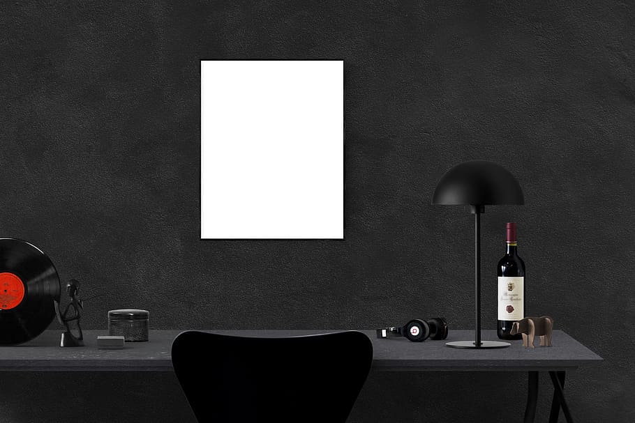 gray wooden desk, poster mockup, frame, template, interior, photo, HD wallpaper