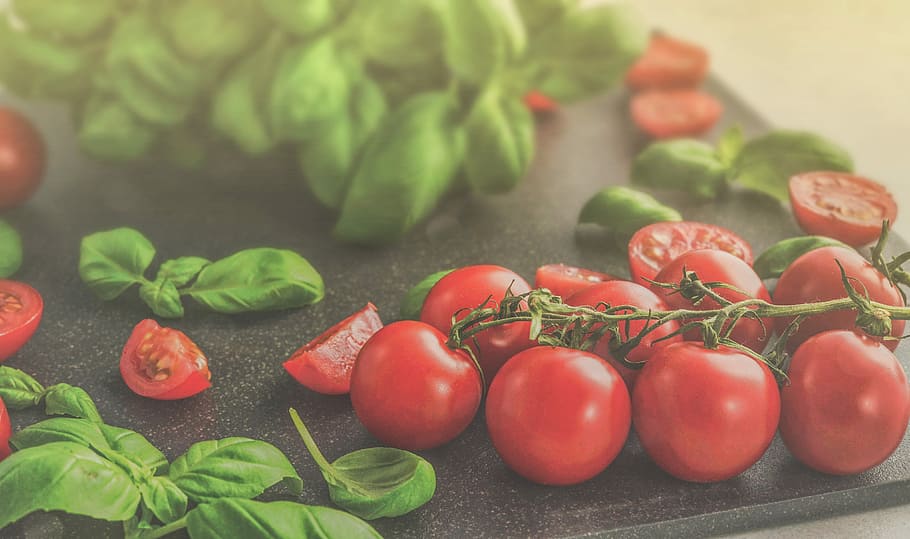 closeup photo of cherry tomatoes, basil, food, italian, vegetable HD wallpaper