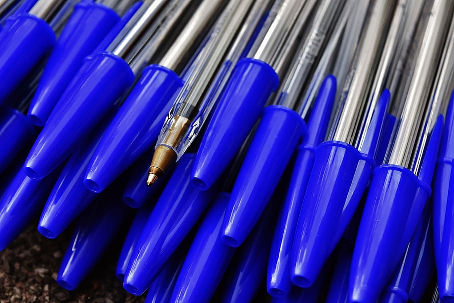 blue ballpoint pen lot, writing implement, leave, office, color HD wallpaper