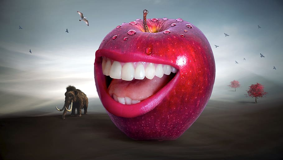 HD wallpaper: red Apple illustration, fantasy, mouth, tooth, laugh, funny,  bite off | Wallpaper Flare