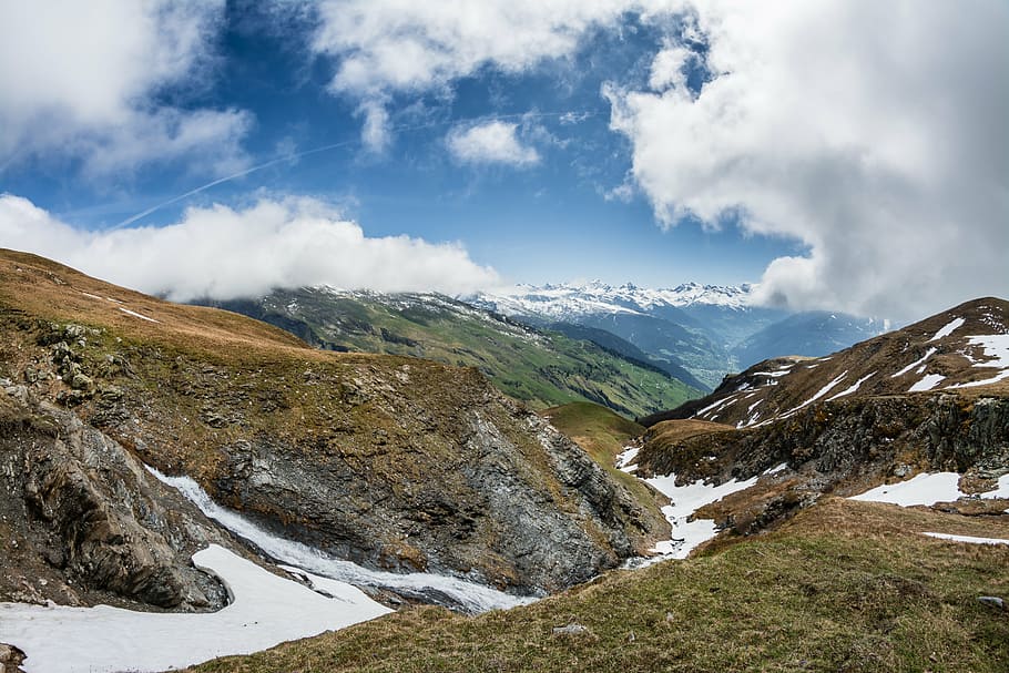 mountain, sky, spring, clouds, snow, blue, white, green, alpes HD wallpaper