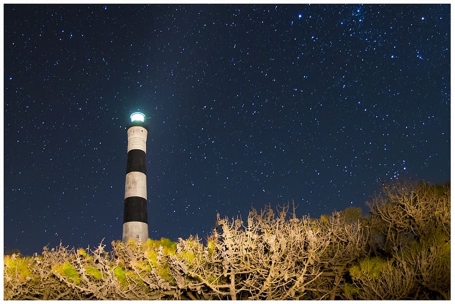 low angle photo of white and black lighthouse taken at nighttime HD wallpaper