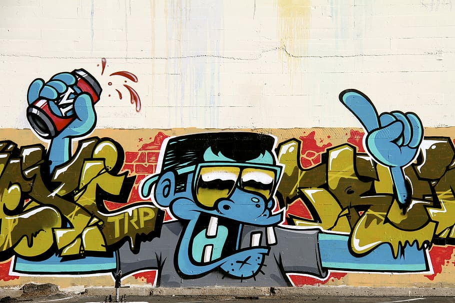 Graffiti, monkey graffiti, street art, mural, wall, blue monster