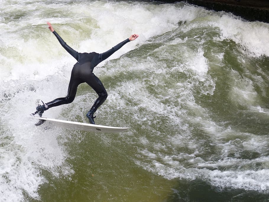 eisbach, surfer, surfing, english garden, bavaria, sport, recreational sports HD wallpaper
