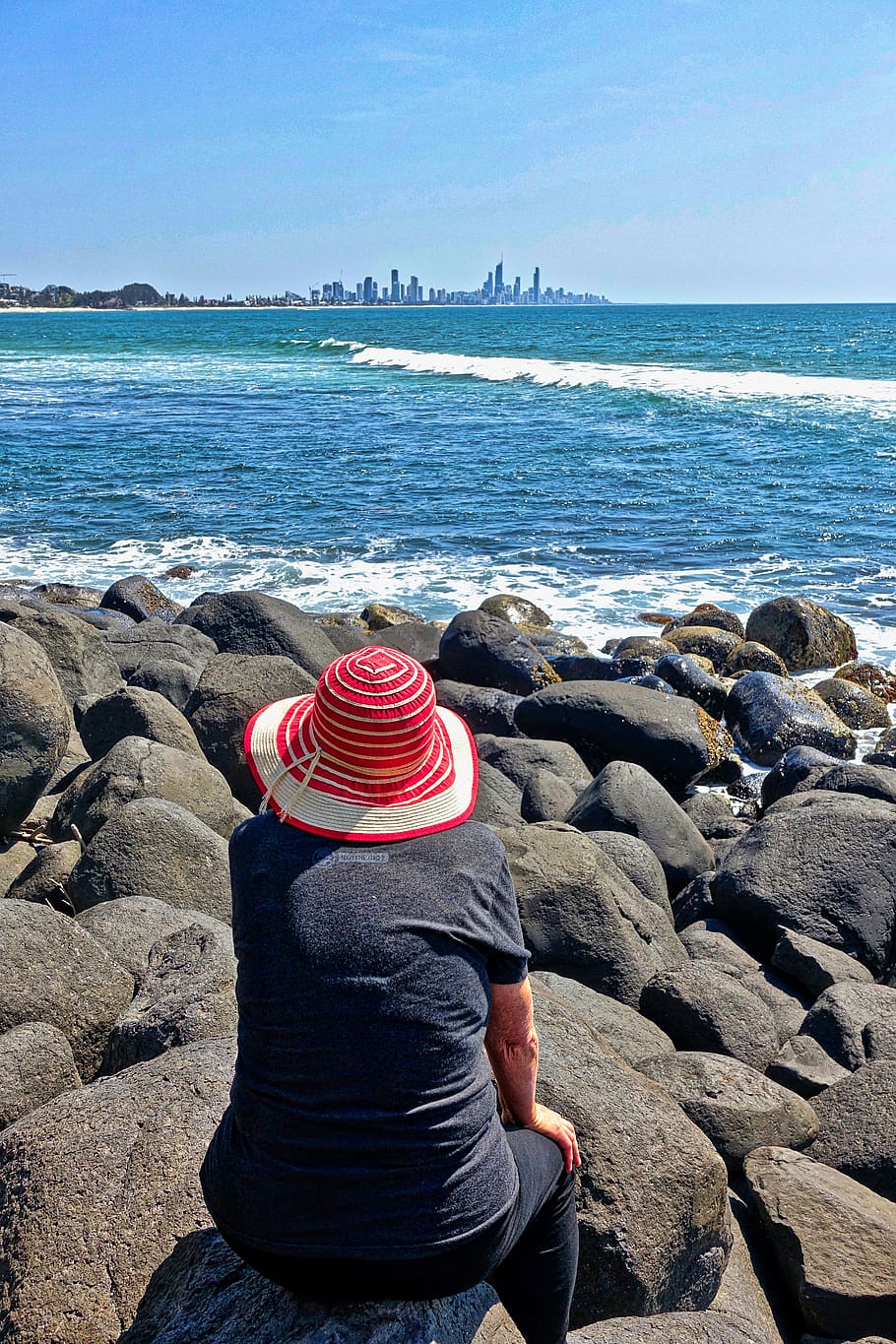 coast, rocks, perspective, contemplation, red, hat, female HD wallpaper