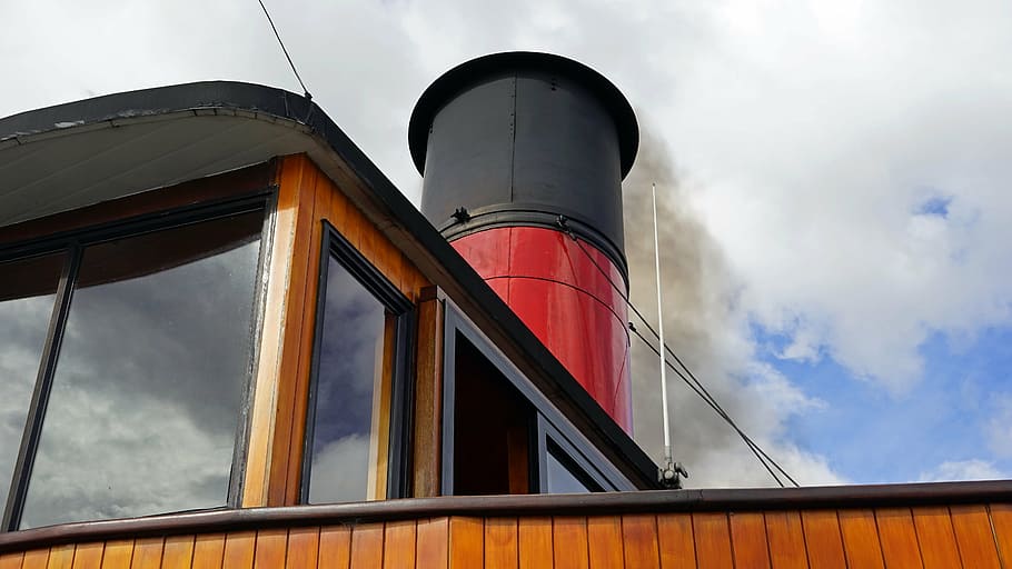 chimney, steamer, ship, pollution, smoke, combustion, sky, red HD wallpaper
