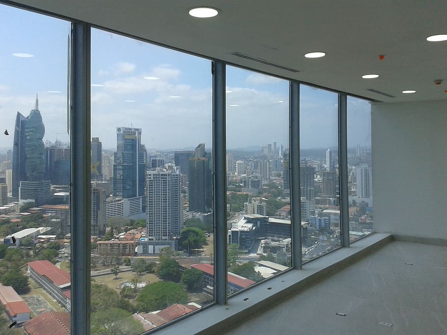 glass panel window, panama, view, office, panoramic, construction HD wallpaper