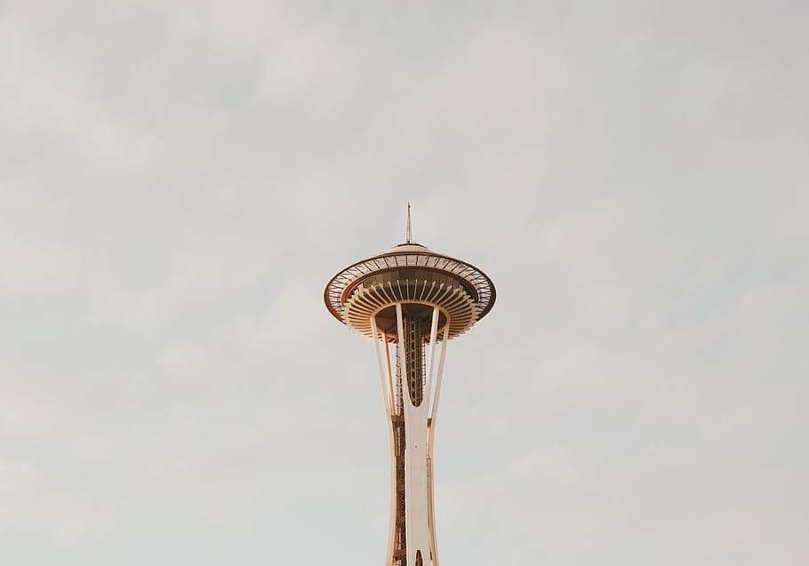 space needle, closeup photo of brown tower, Seattle Space Needle HD wallpaper