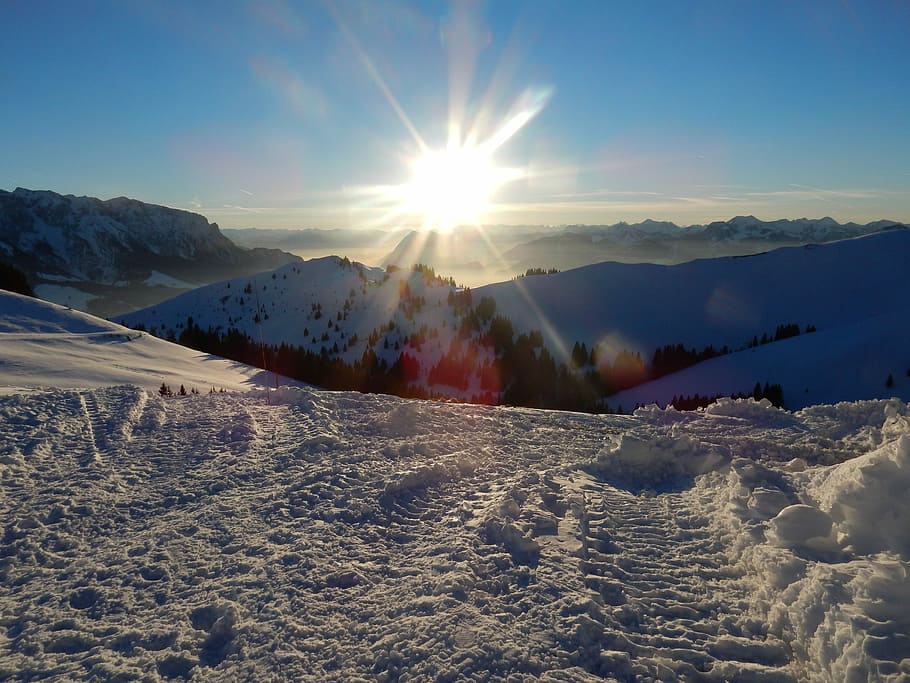 Winter, Mountains, Alpine, Snowy, back light, wintry, landscape HD wallpaper