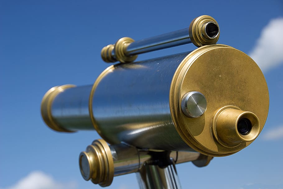 viewer, telescope, binoculars, gold colored, metal, blue, sky HD wallpaper