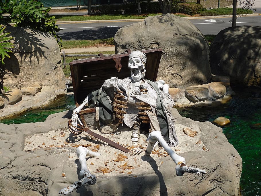 skeleton statue, Skull, Pirate, Pirates, treasure, chest, spooky HD wallpaper