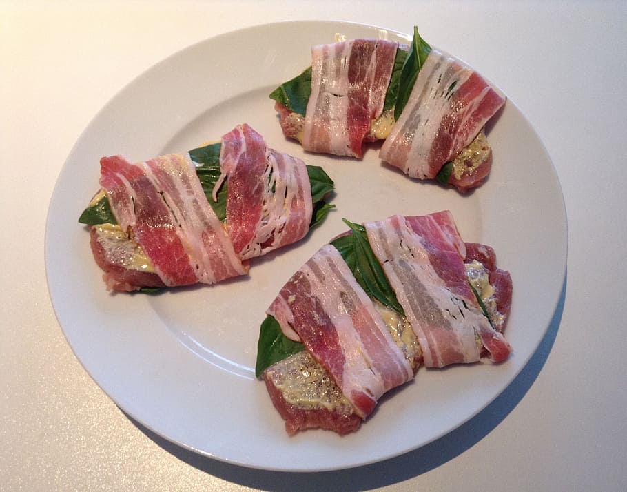 meat, bacon, basil, smoked meat, food, smoked ham, operation HD wallpaper