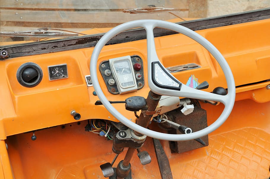mehari, car, orange, steering wheel, dashboard, orange méhari, HD wallpaper