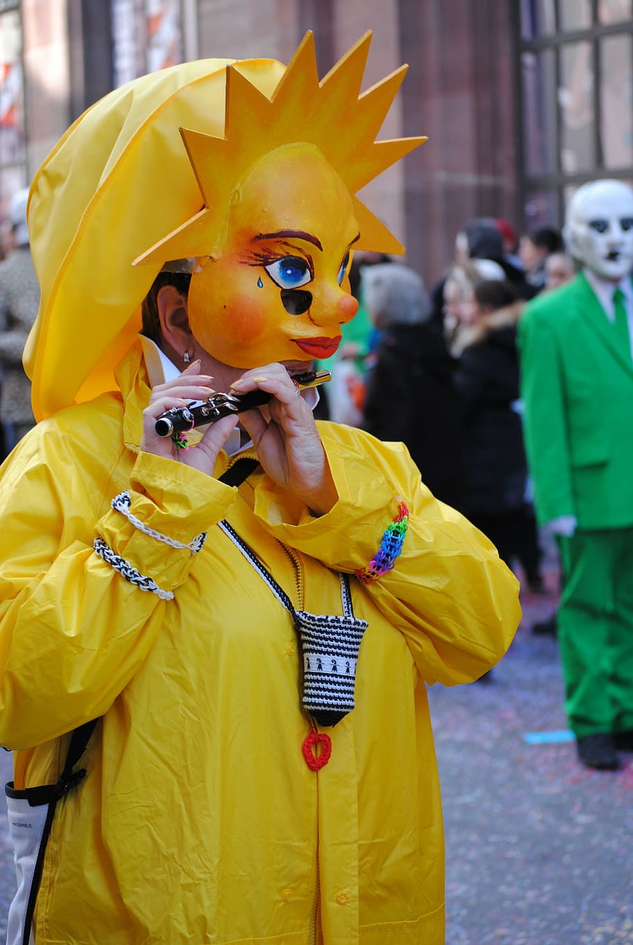 mask, carnival, basler fasnacht 2015, costume, yellow, incidental people, HD wallpaper