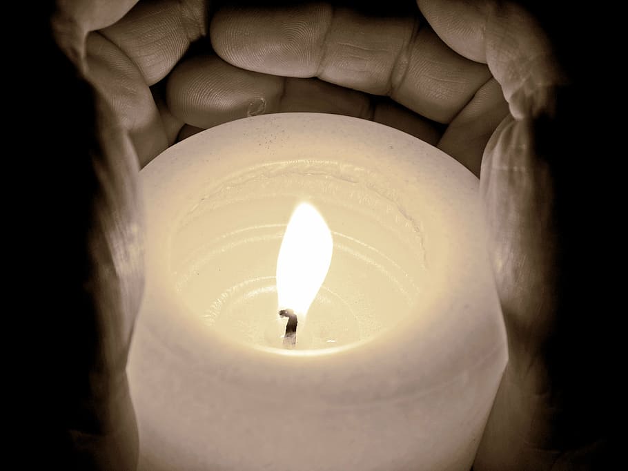 person holding pillar candle, light, burn, flame, dark, hands HD wallpaper