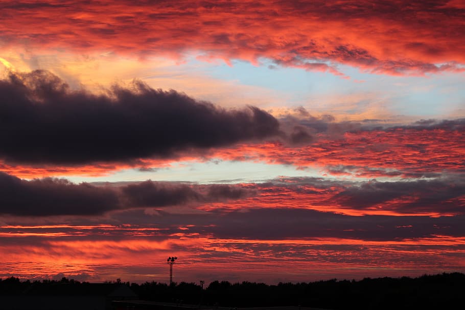 red and white clouds, orange, sunset, sky, nature, trees, dark HD wallpaper