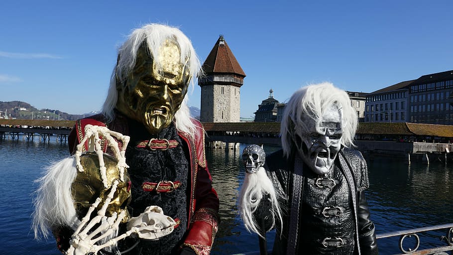 carnival, lucerne, mask, panel, fool-time, water tower, chapel bridge HD wallpaper