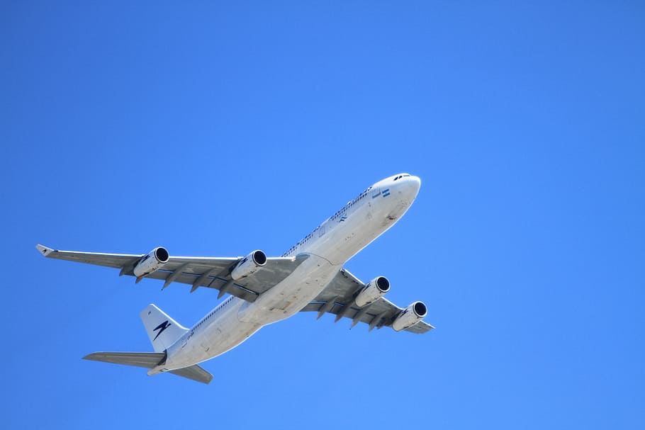 white and blue airplane, aircraft, take-off, sky, aeroplane HD wallpaper
