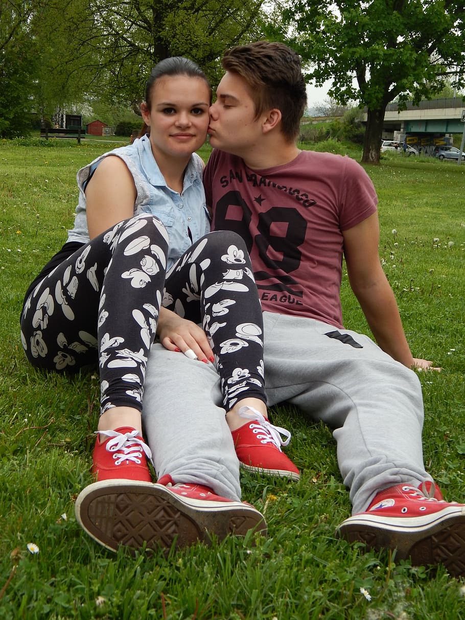 love, kiss, spring, boy, girl, two people, togetherness, grass HD wallpaper