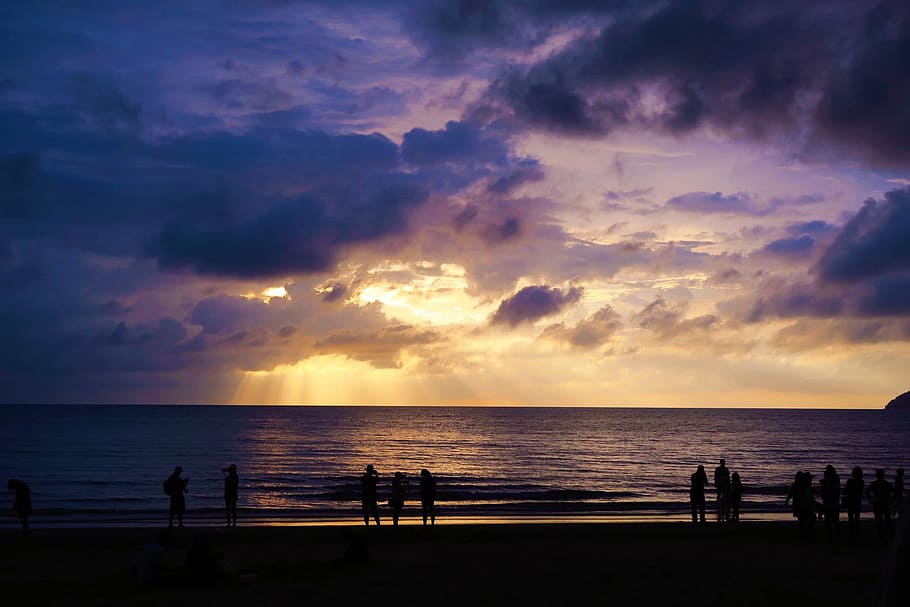 silhouette of people near beach, malaysia, sunset, cloud, nature HD wallpaper