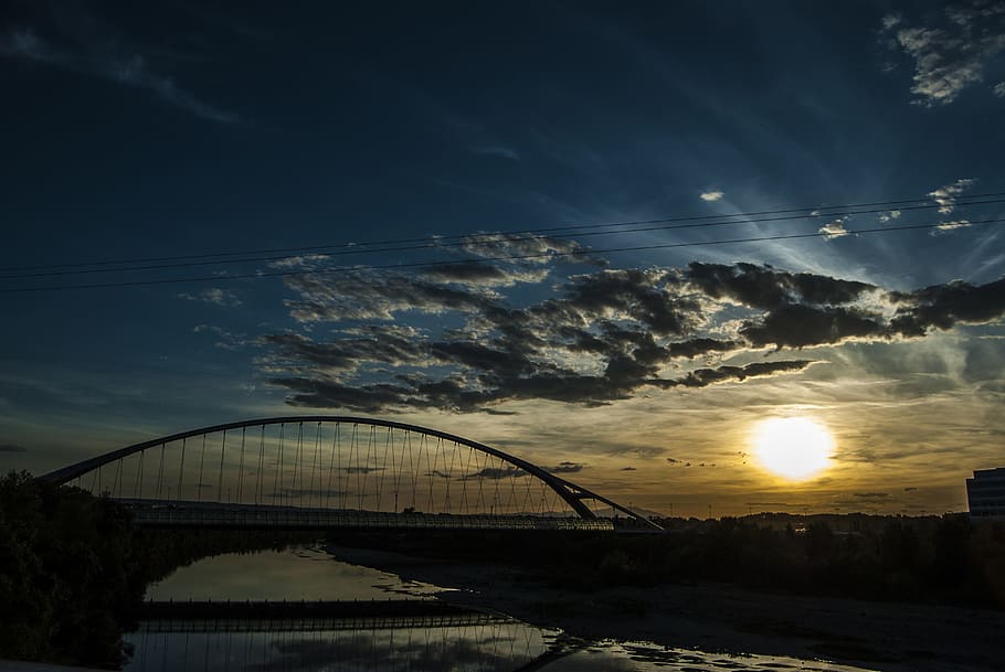 Sunset, River, Ebro, Landscape, Nature, sky, water, bridge, HD wallpaper