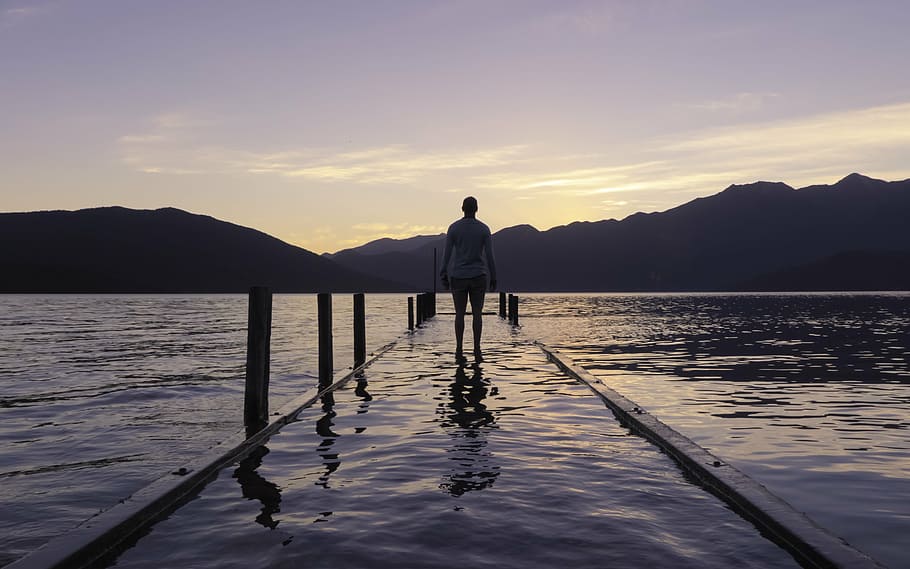 alone, beach, calm, dawn, dock, dusk, lake, landscape, man HD wallpaper
