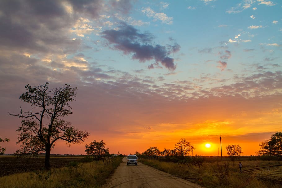 sunset, sky, road, steppe, evening, travel, car, cloud - sky HD wallpaper
