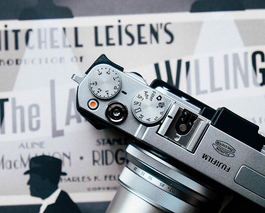 gray Fujifilm SLR camera, gray Fujifilm SLR camera top view, dial HD wallpaper
