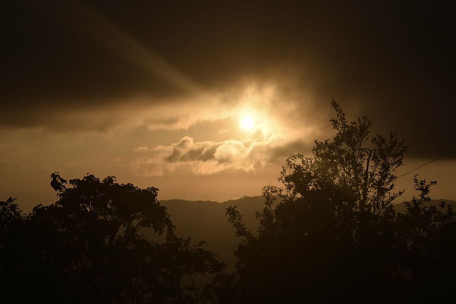sunset, sky, silhouette, landscape, trees, clouds, nature, dusk HD wallpaper