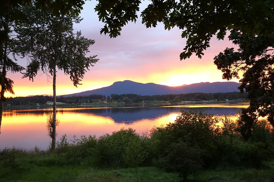 sunset, lake, mountain, landscape, reflection, british columbia HD wallpaper