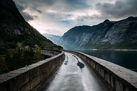 Calm After the Storm, brown concrete bridge, wall, road, puddle HD wallpaper