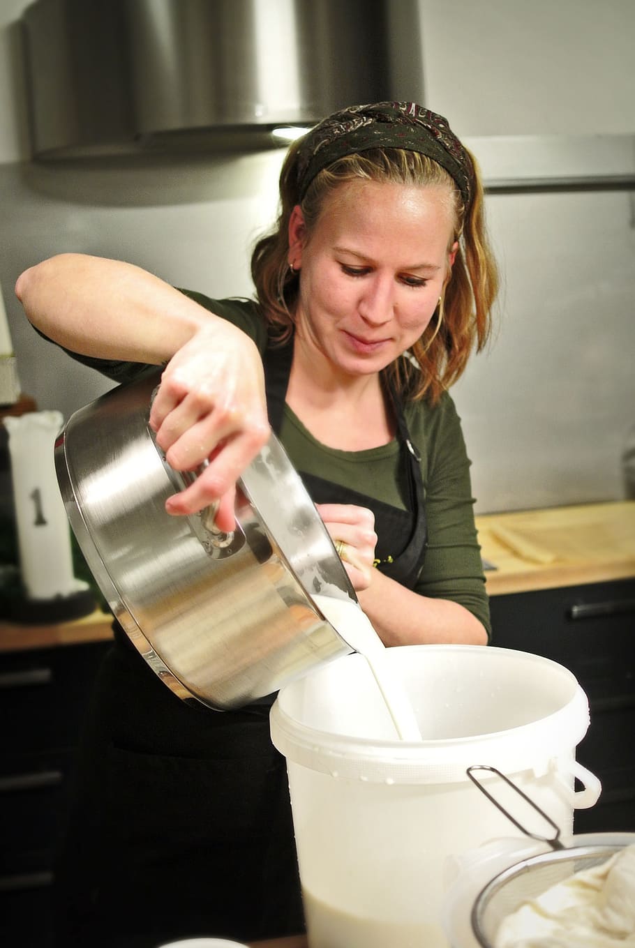 woman pouring white liquid into white bucket, cheese, chef HD wallpaper
