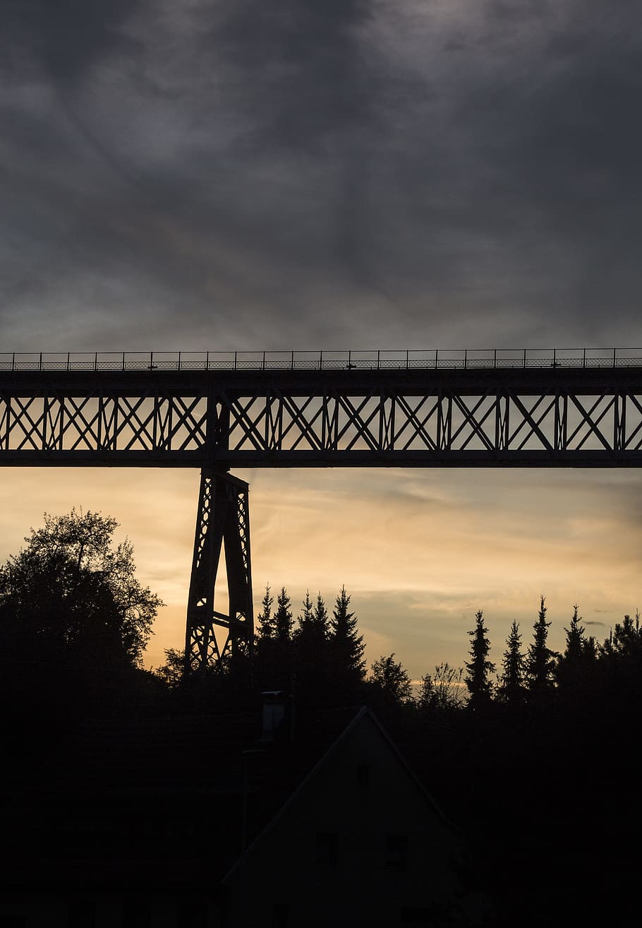 bridge, silhouette, evening, railway, railway bridge, back light HD wallpaper