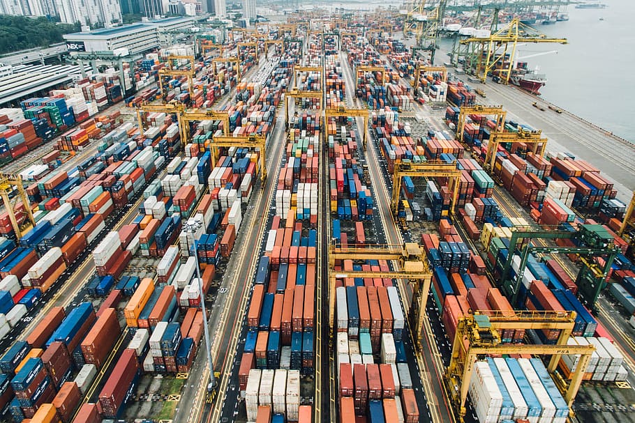 aerial photography of assorted-color shipping containers beside body of water at daytime, HD wallpaper