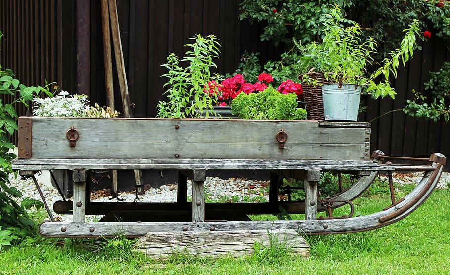 garden, deco, slide, flowers, plant, bucket, ornament, decorate HD wallpaper