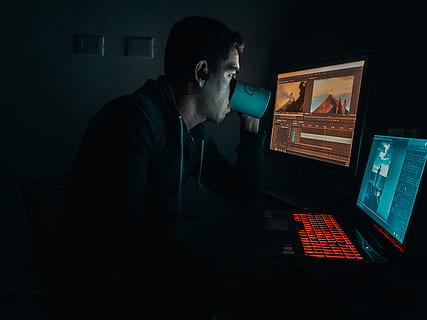 Put in the work, man wearing jacket while drinking, night, office HD wallpaper