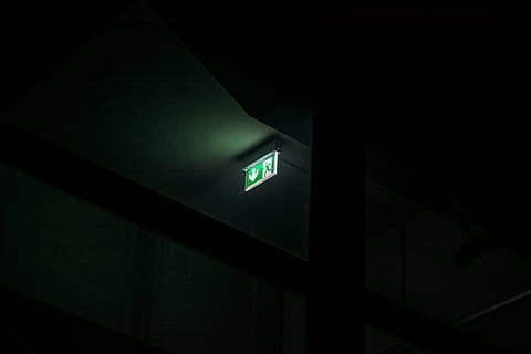 green and white exit signage, emergency, emergency exit, dark HD wallpaper