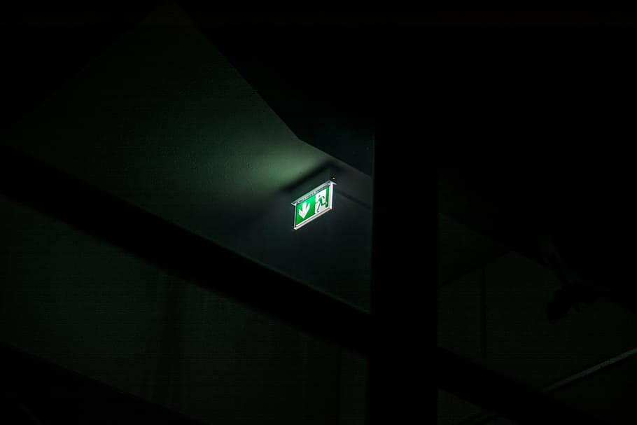green and white exit signage, emergency, emergency exit, dark HD wallpaper